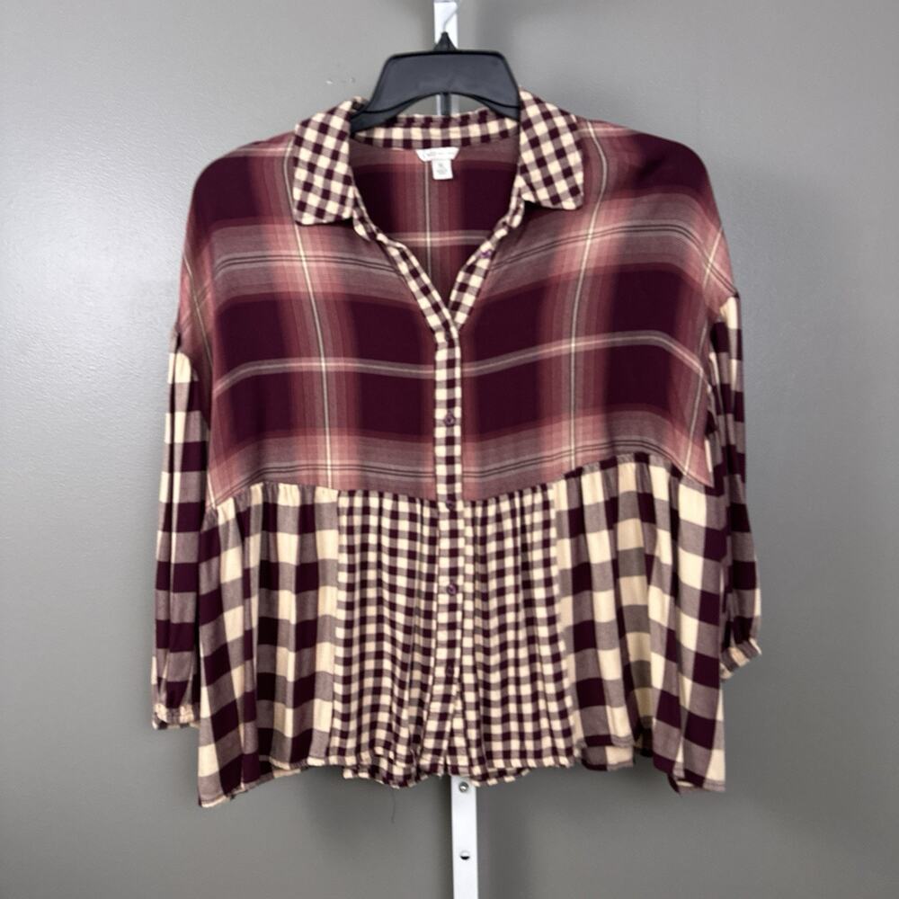 Cato Womens XL Rayon Plaid Babydoll Blouse Empire Waist Burgundy Boho Top - Picture 1 of 8